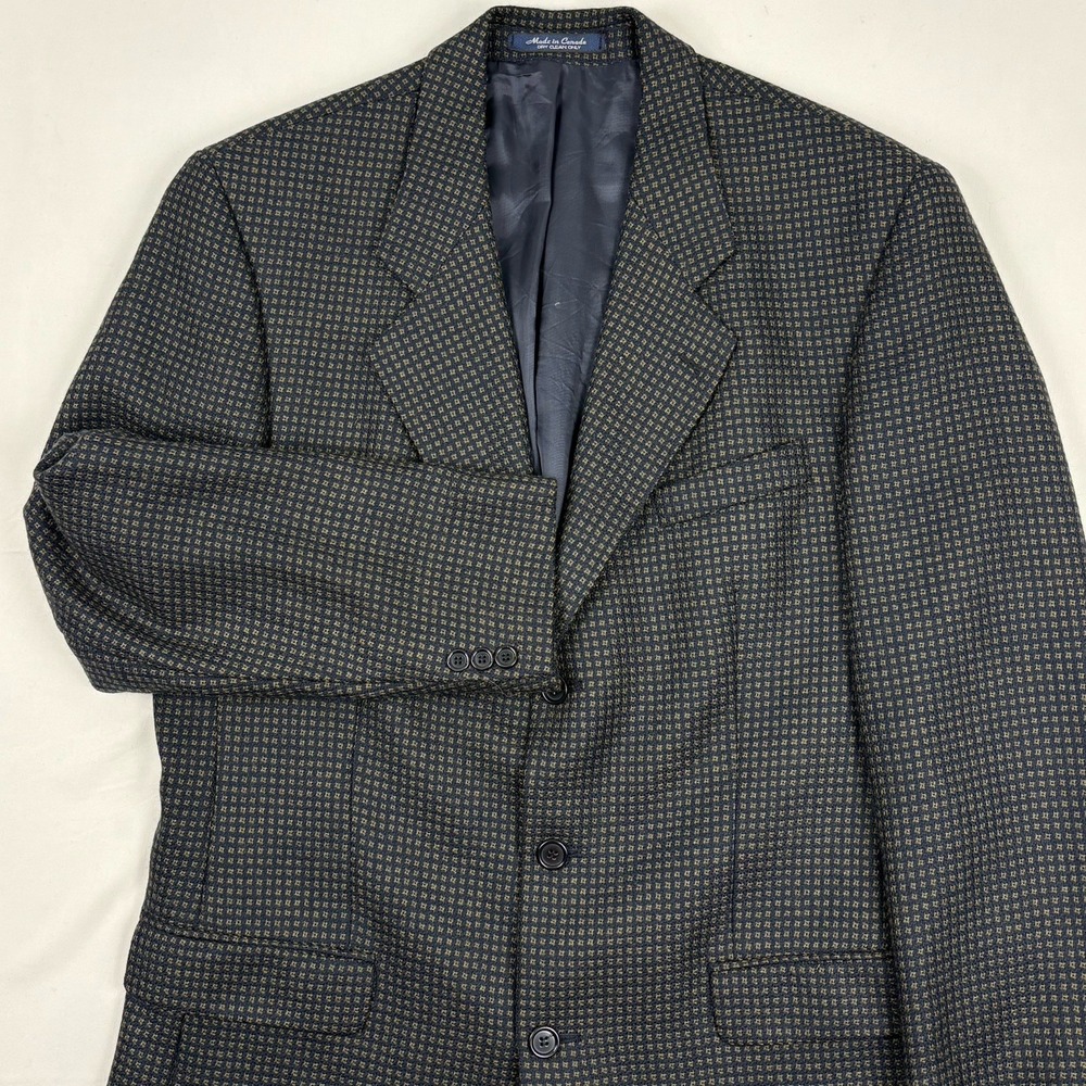 VTG 90s Franco Tassi 3-Button Wool Flannel Tweed Sport Coat 42L Navy Tan Canada